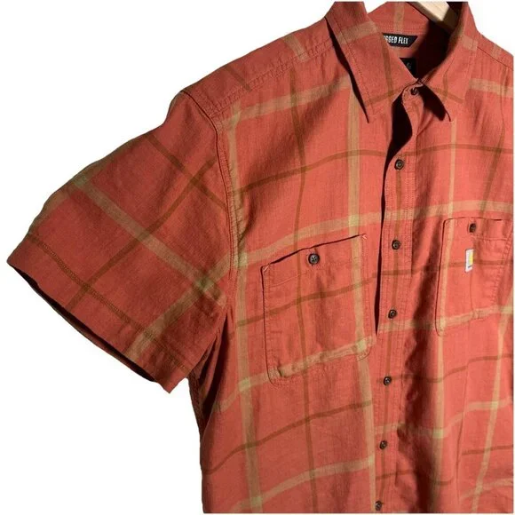 Carhartt Large Relaxed Rugged Flex Button Up Shirt Mens Orange Plaid Workwear - Picture 6 of 14